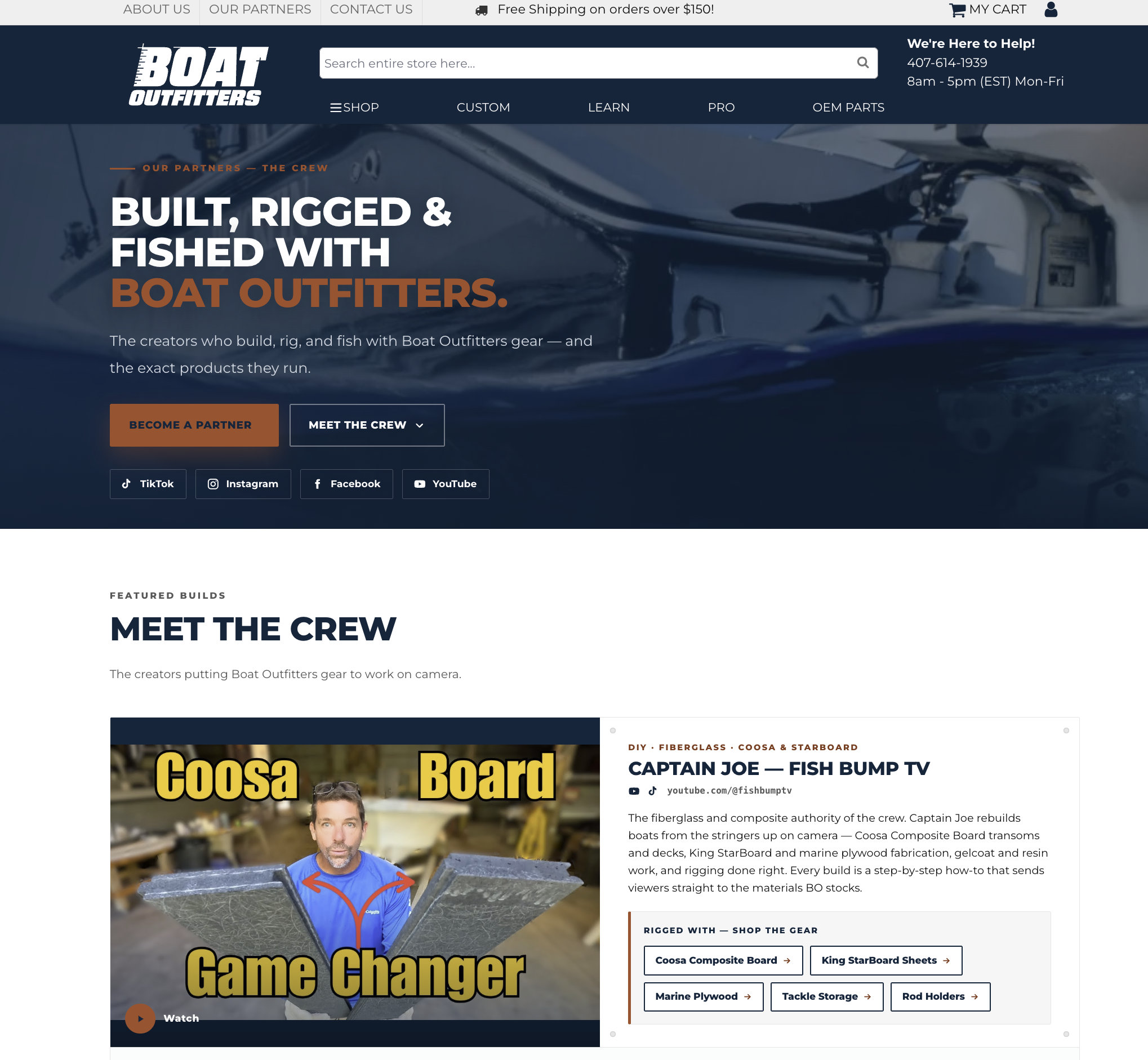 Boat Outfitters partner page with its marine campaign and featured creator section