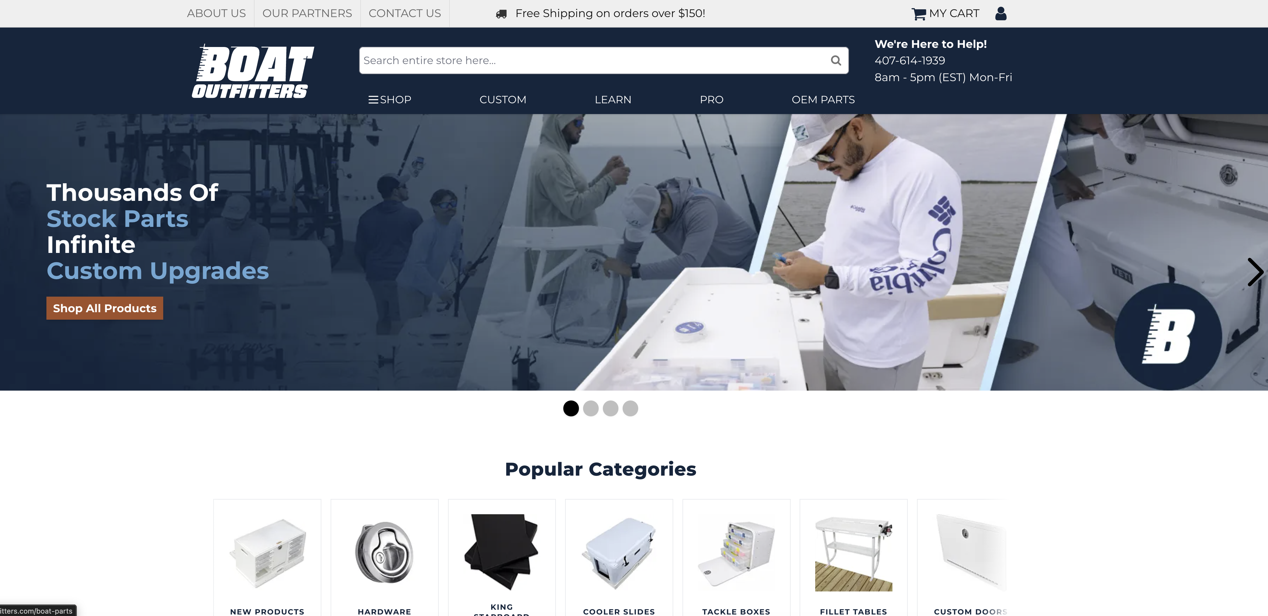 Boat Outfitters storefront showing a marine campaign banner and product categories