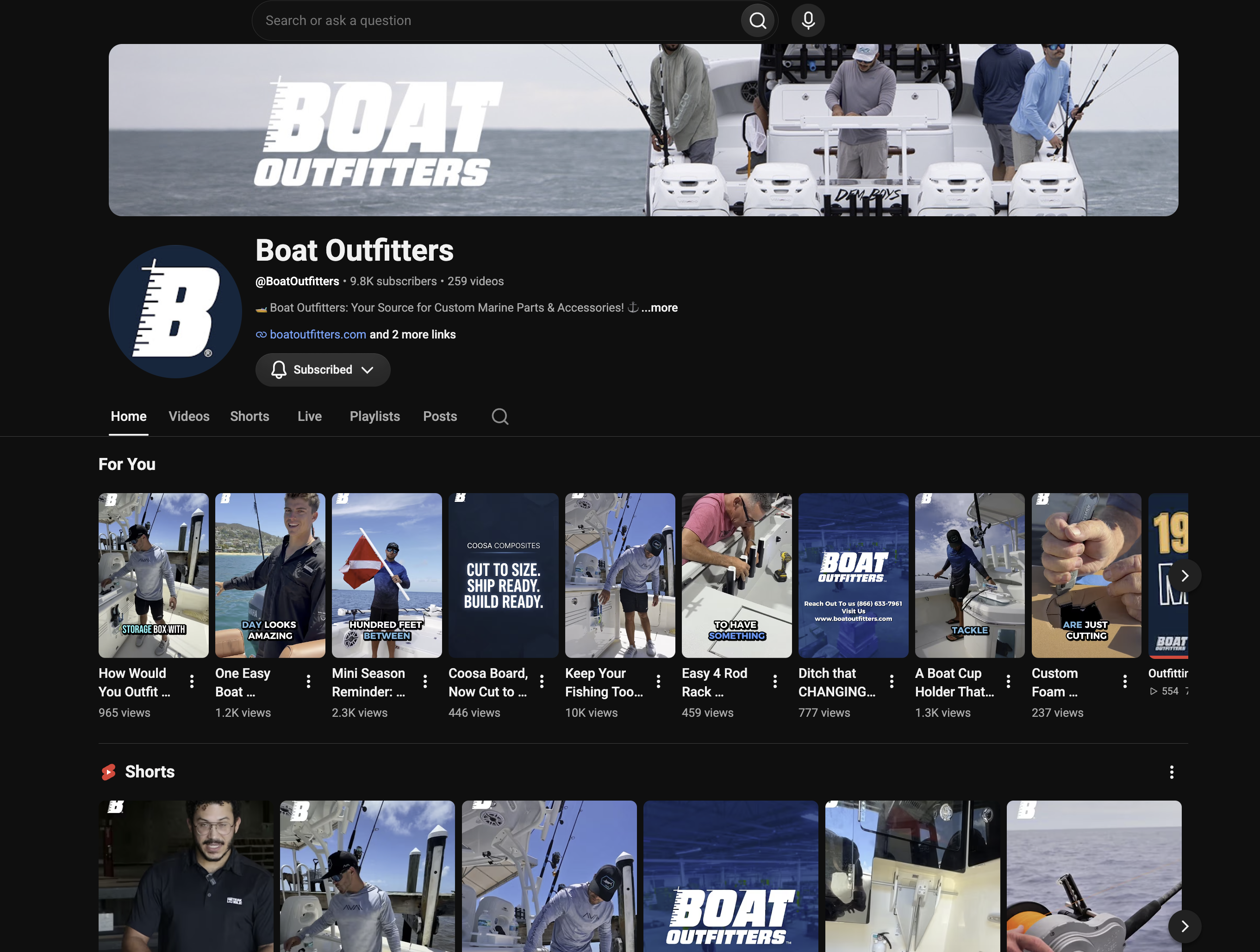 Boat Outfitters YouTube channel with product videos and vertical content