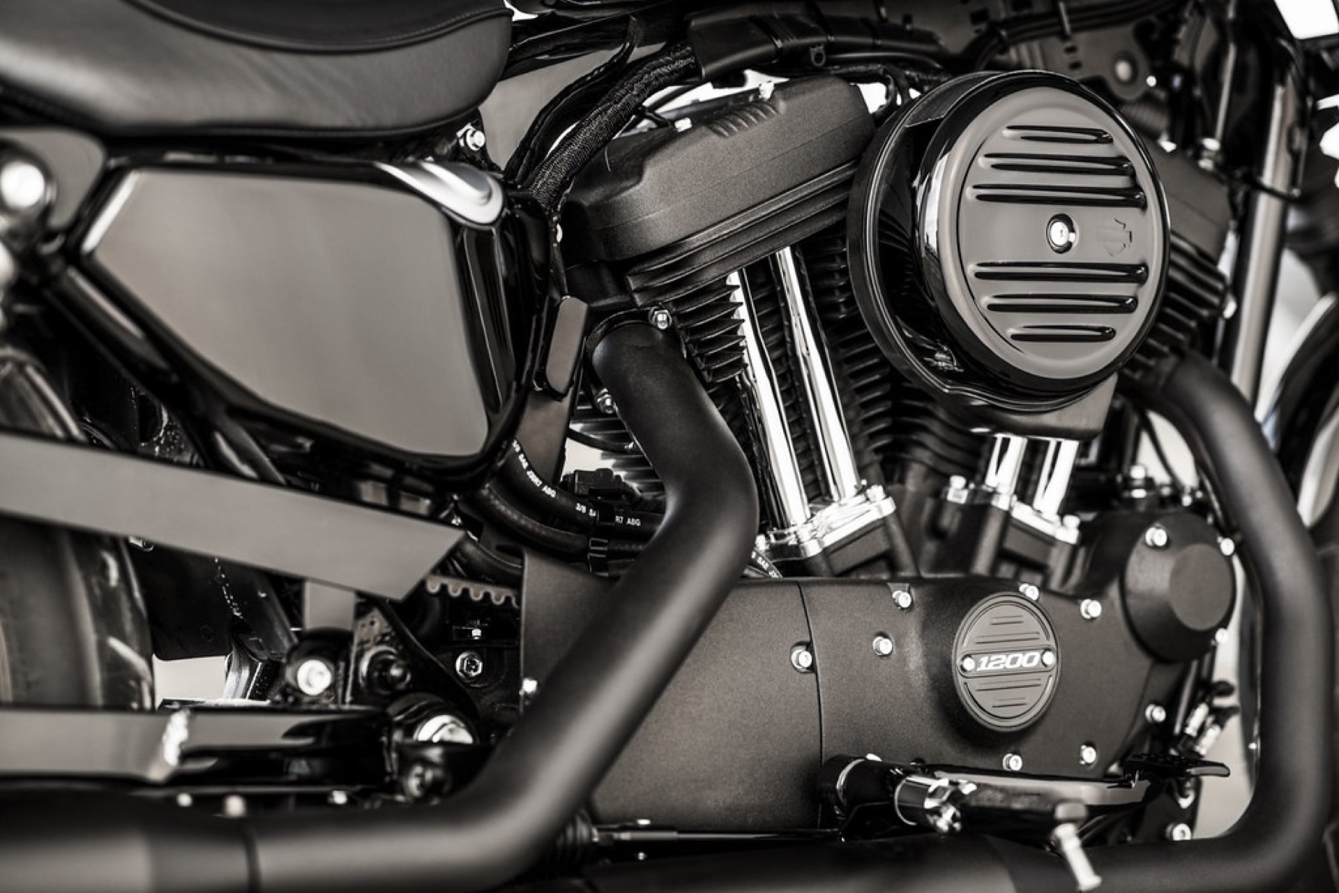 Detailed close-up of a Harley-Davidson motorcycle engine, chrome, and black finish.