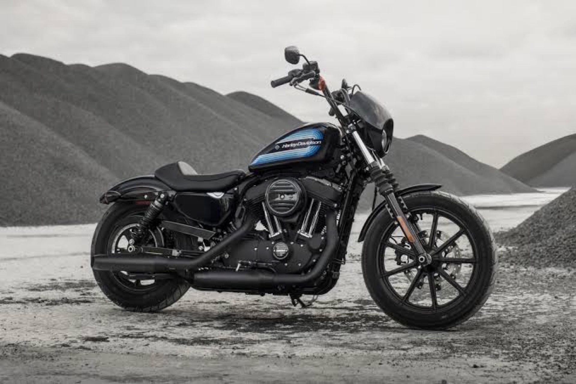 Black Harley-Davidson motorcycle photographed in a gray outdoor landscape.