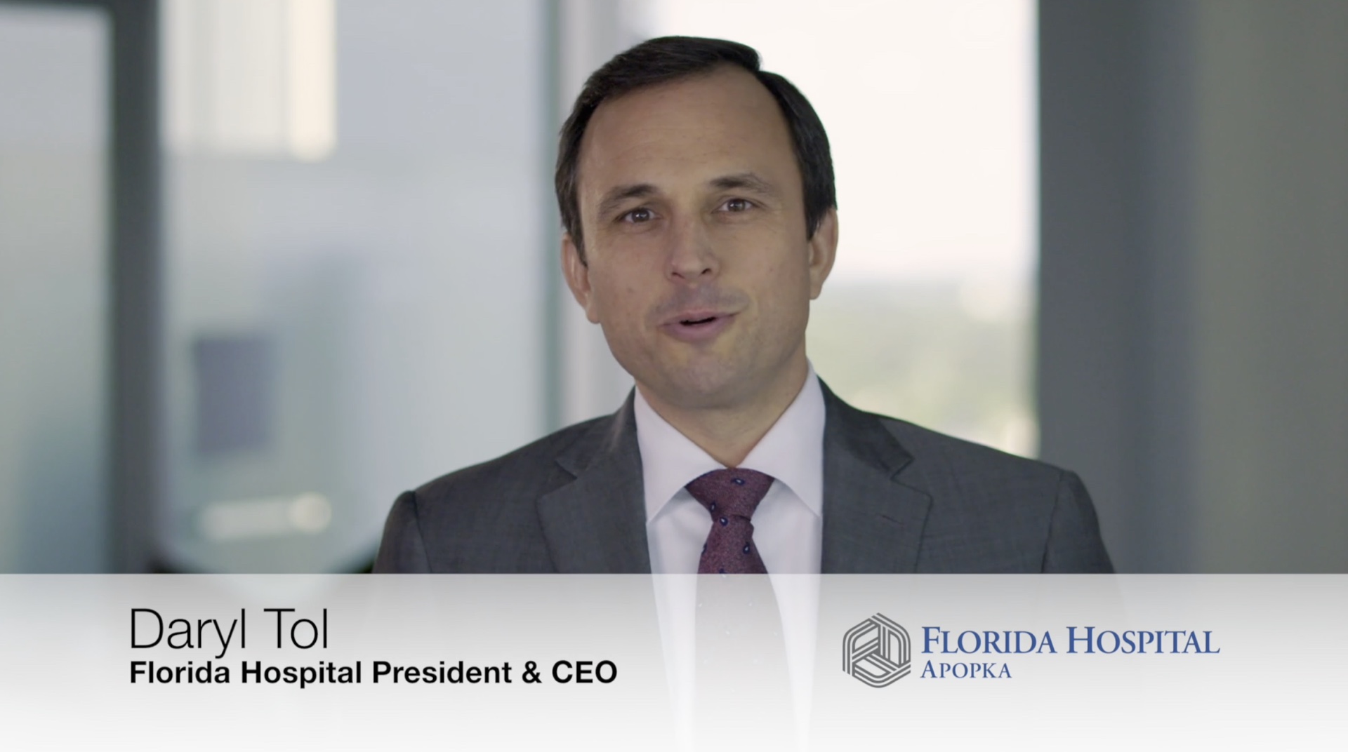 Interview frame identifying Daryl Tol in the original film as Florida Hospital President and CEO.