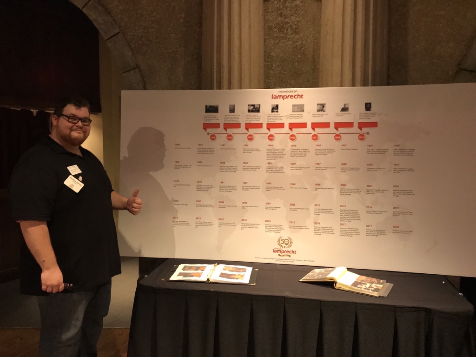 Anniversary history display with a timeline and archival albums.