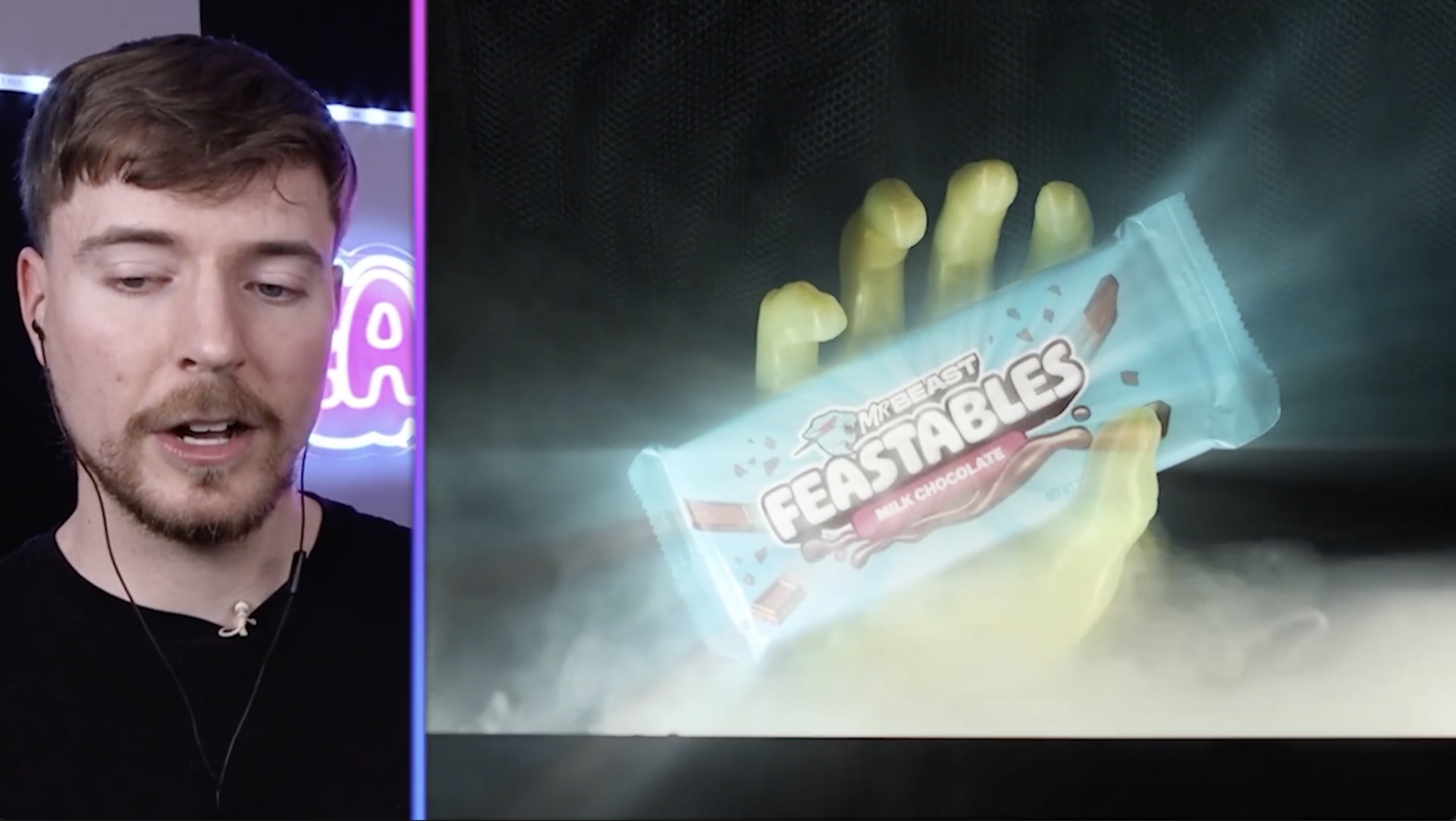 MrBeast alongside a close-up of a Feastables chocolate bar from the commercial.