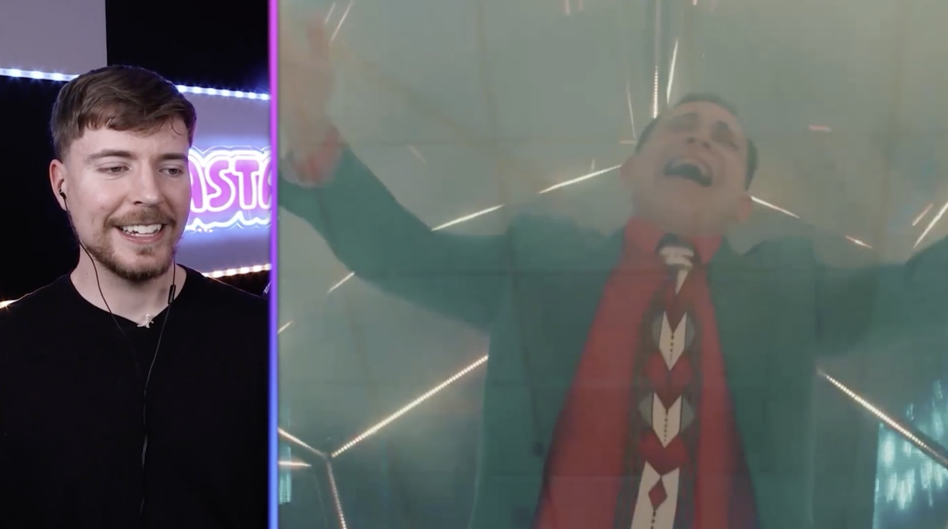 MrBeast reacting alongside a performer from the Feastables commercial.