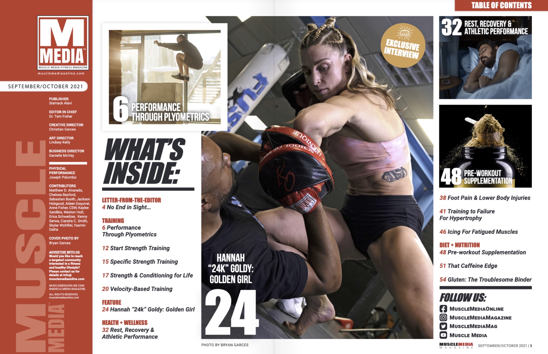 Muscle Media September/October 2021 table of contents and masthead, naming Christian Garces as Creative Director.