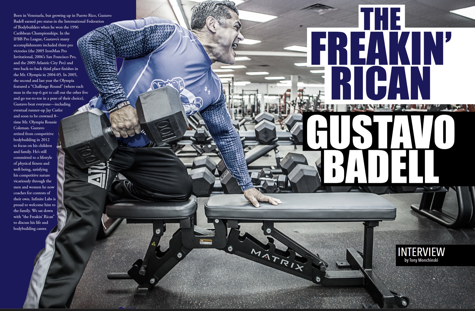 Muscle Media Gustavo Badell feature opening spread, with blue and white typography and gym photography.