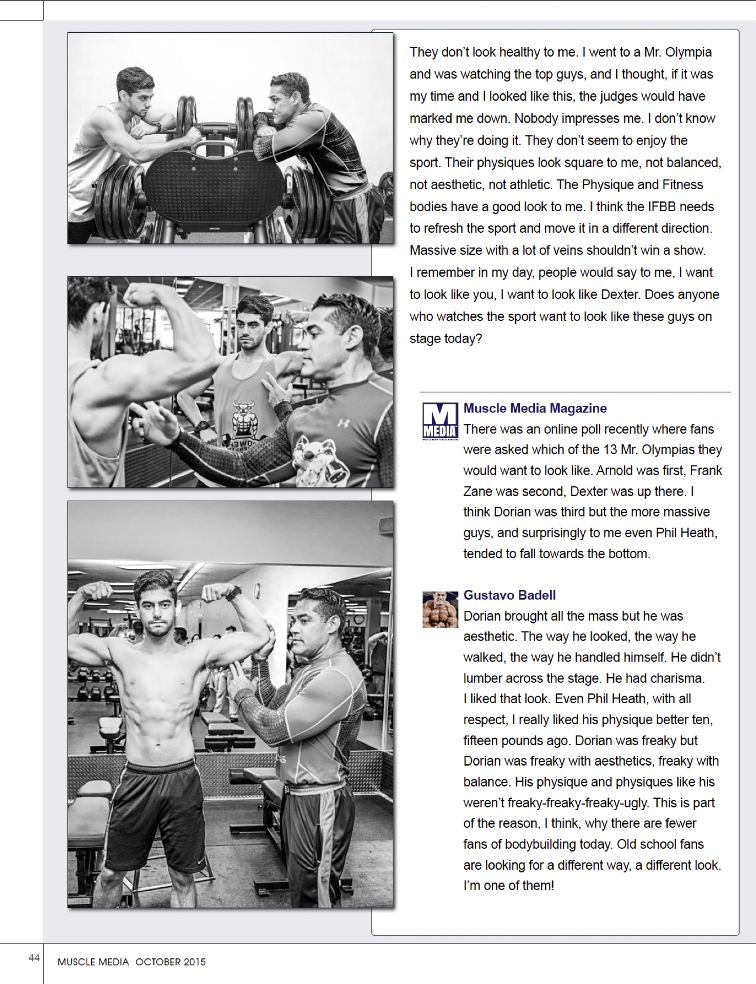 Black and white gym photographs arranged alongside an interview column.