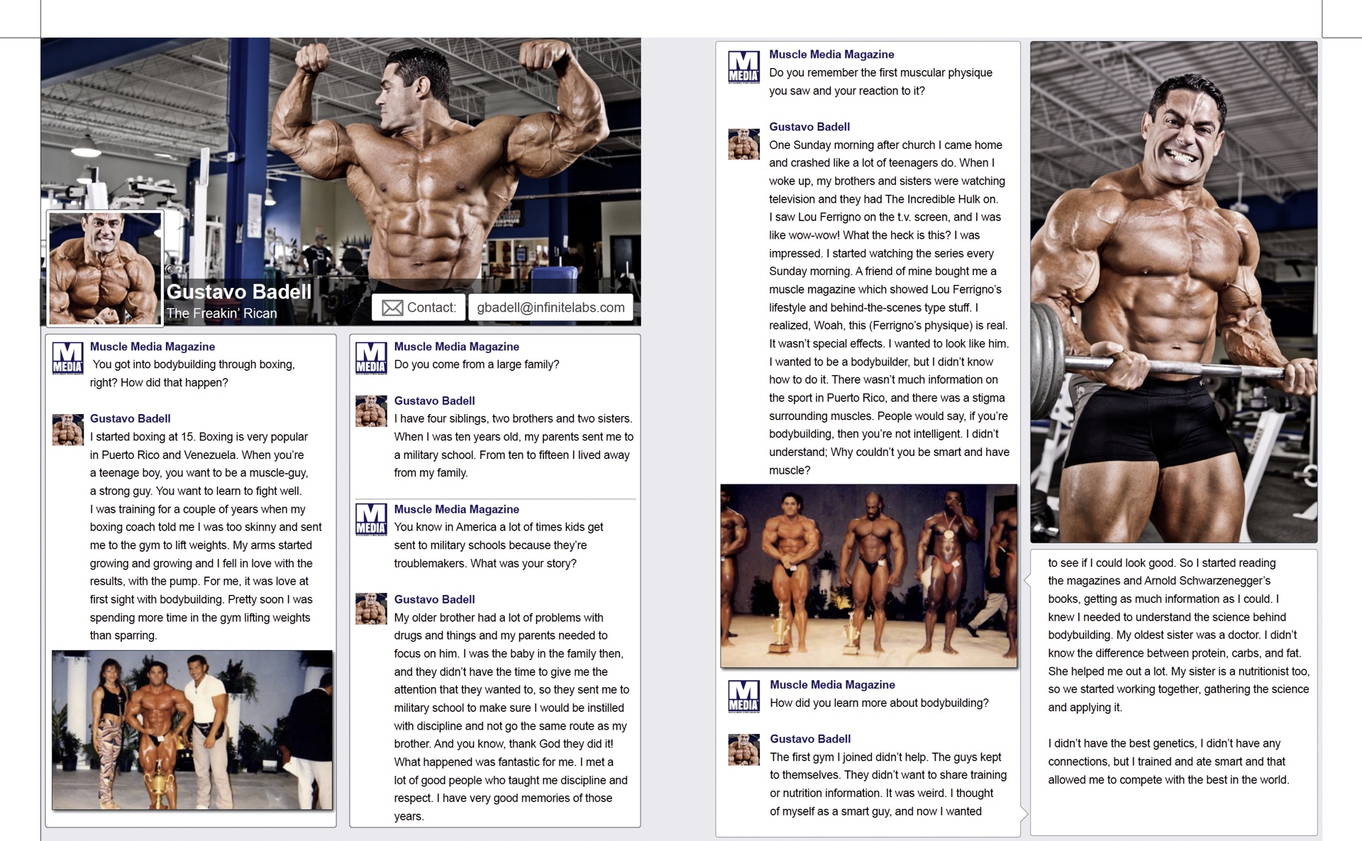 Gustavo Badell interview spread with columns, gym photographs, and blue magazine branding.