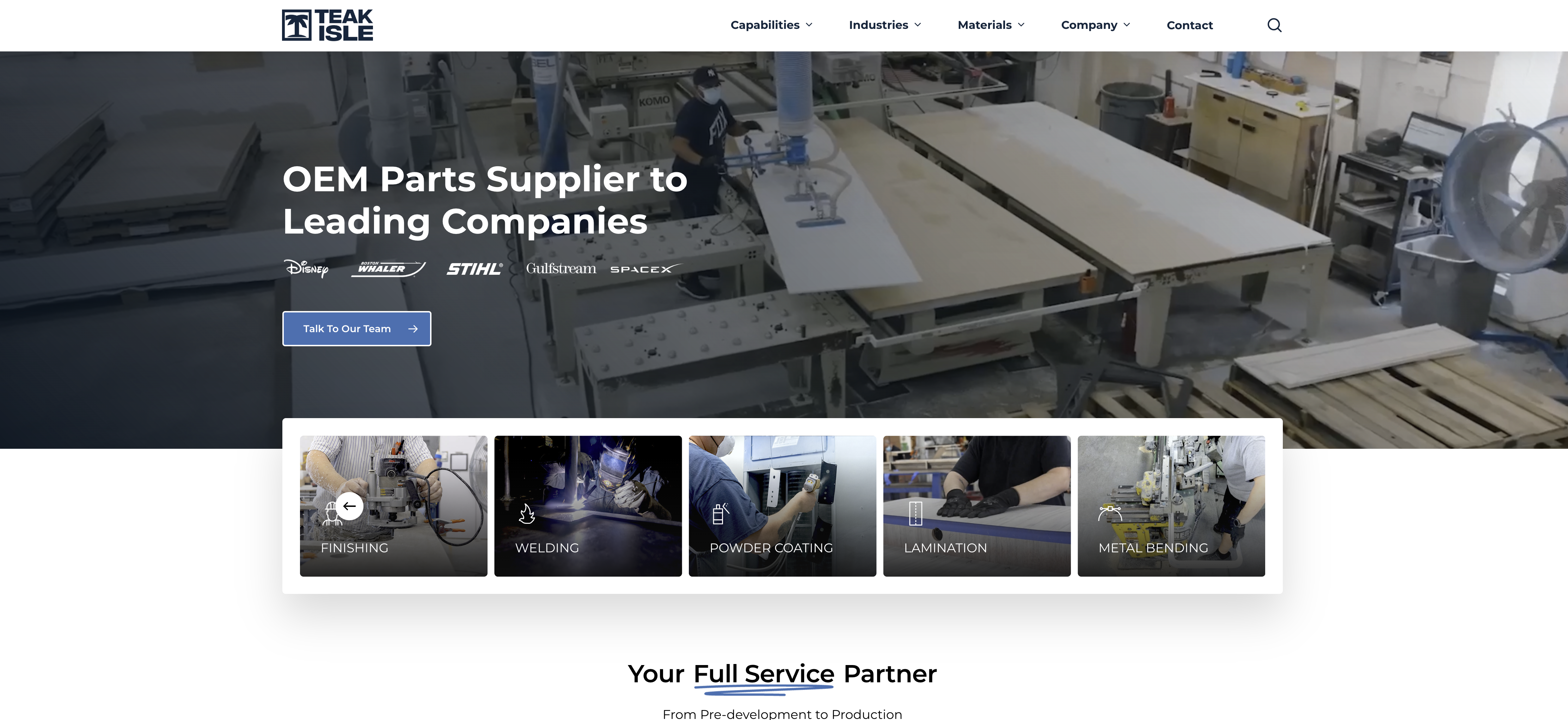 Teak Isle website showing manufacturing imagery and service categories