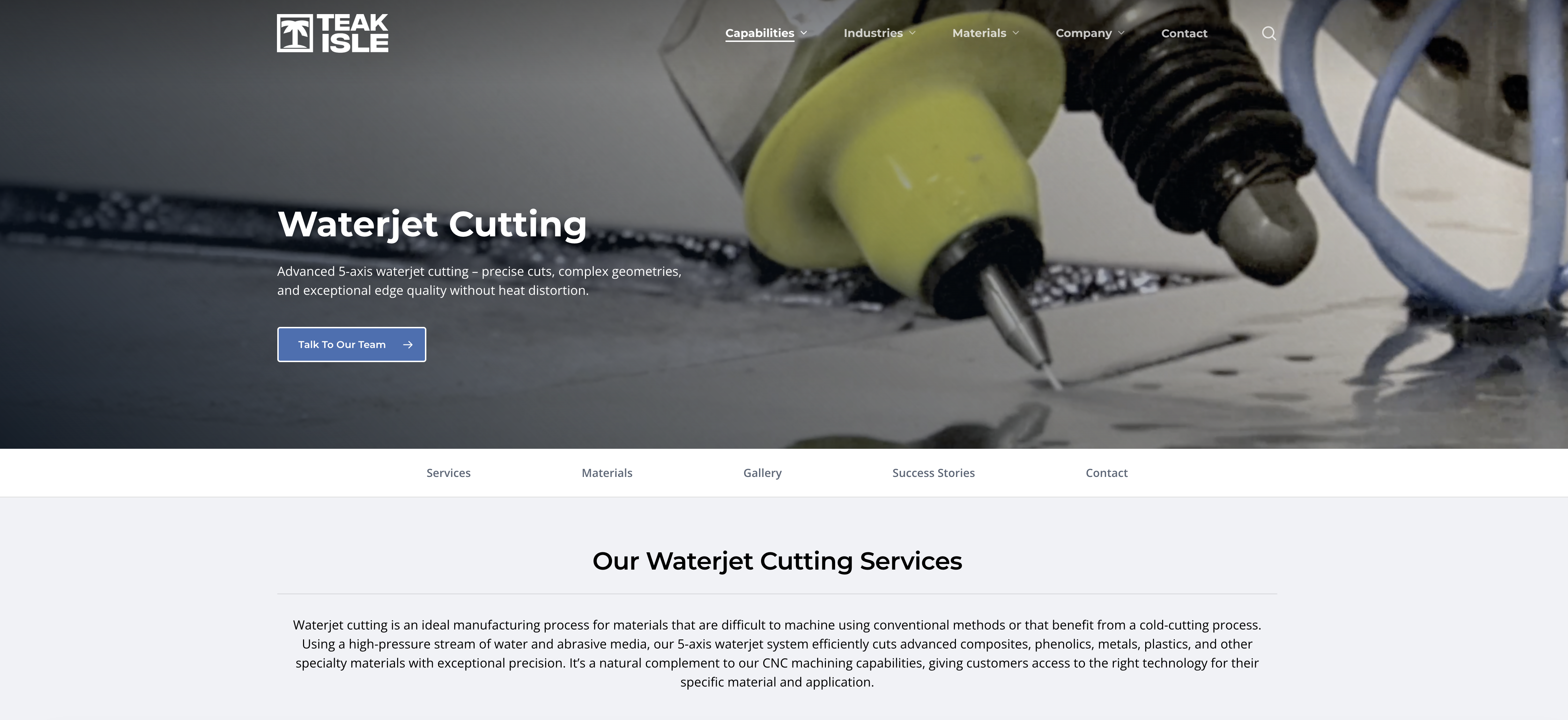 Teak Isle waterjet services page with a close-up cutting image