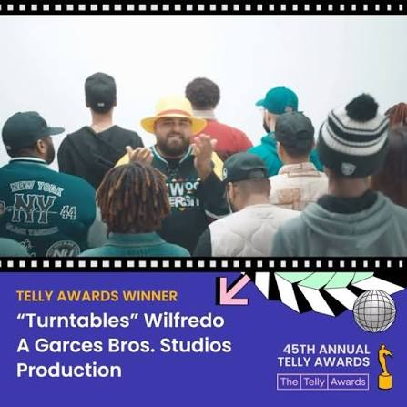 Studio award announcement identifying Turntables by Wilfredo as a Garces Bros Studios production and 45th Annual Telly Awards winner.