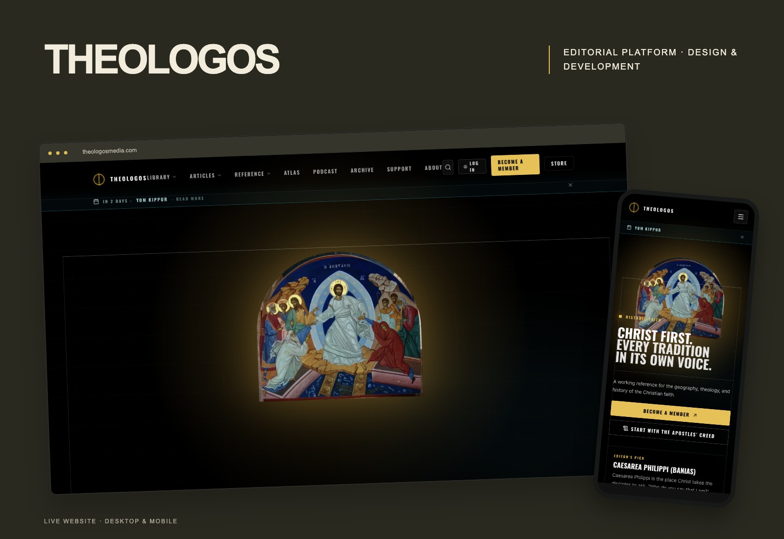 TheoLogos Media live website presented in desktop and mobile browser previews.